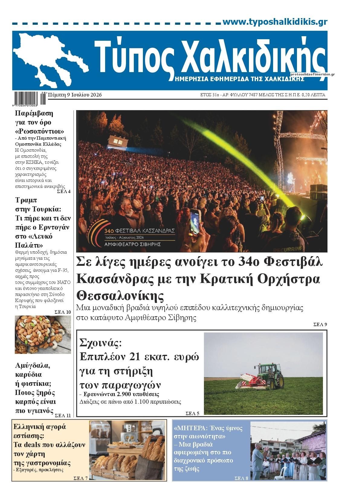 Πρωτοσέλιδο εφημερίδας Τύπος Χαλκιδικής
