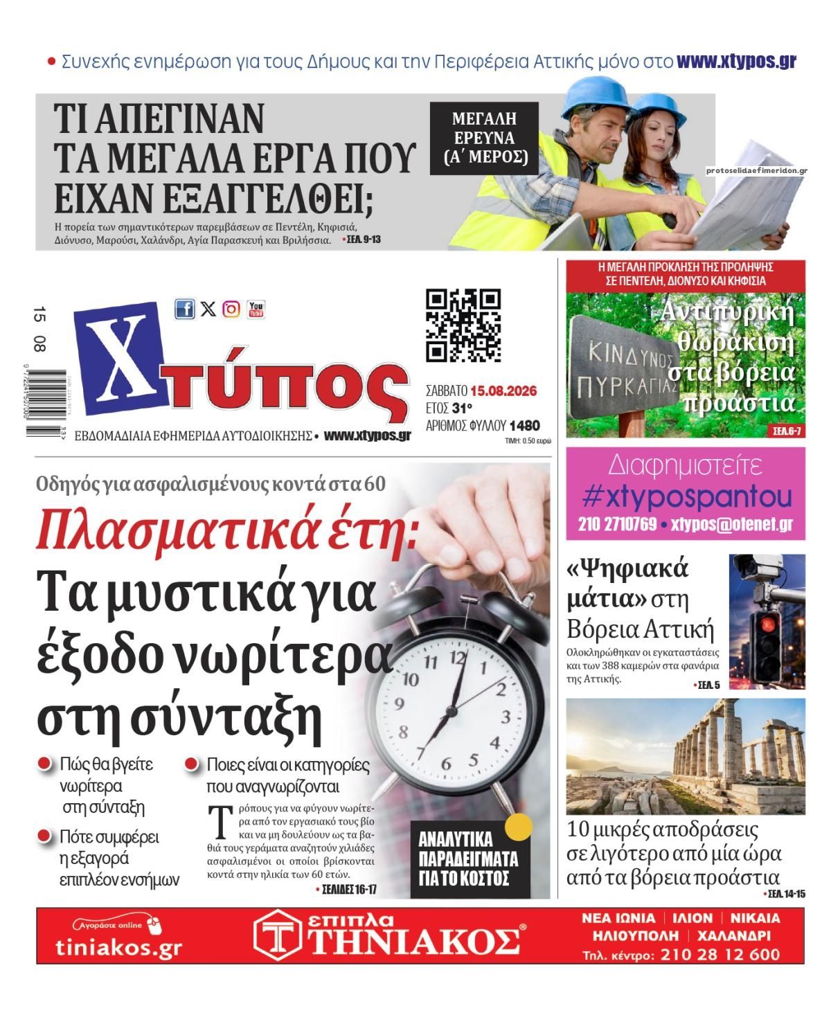 Πρωτοσέλιδο εφημερίδας Χτύπος 15/08/2026