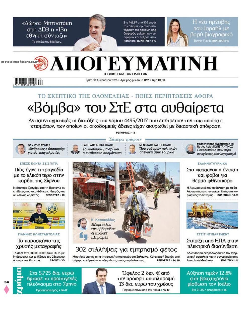Πρωτοσέλιδο εφημερίδας Απογευματινή 19/08/2026