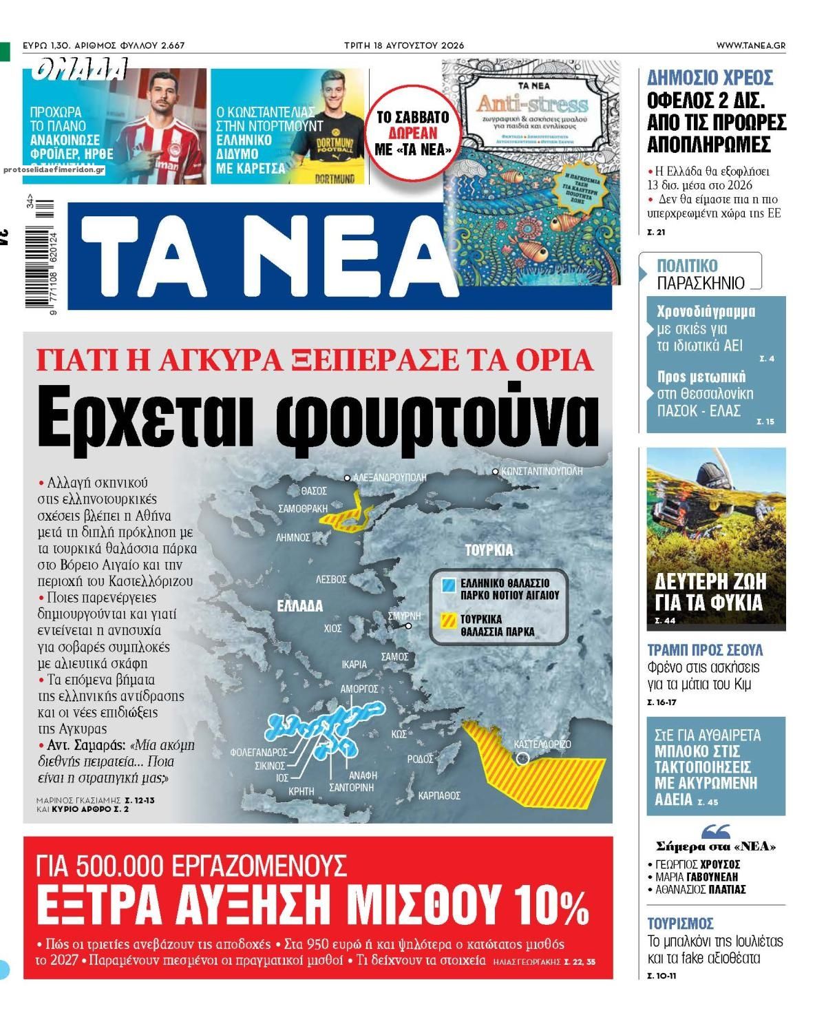 Πρωτοσέλιδο εφημερίδας Τα Νέα 19/08/2026