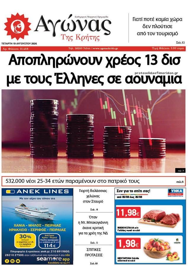 Πρωτοσέλιδο εφημερίδας Αγώνας της Κρήτης 20/08/2026