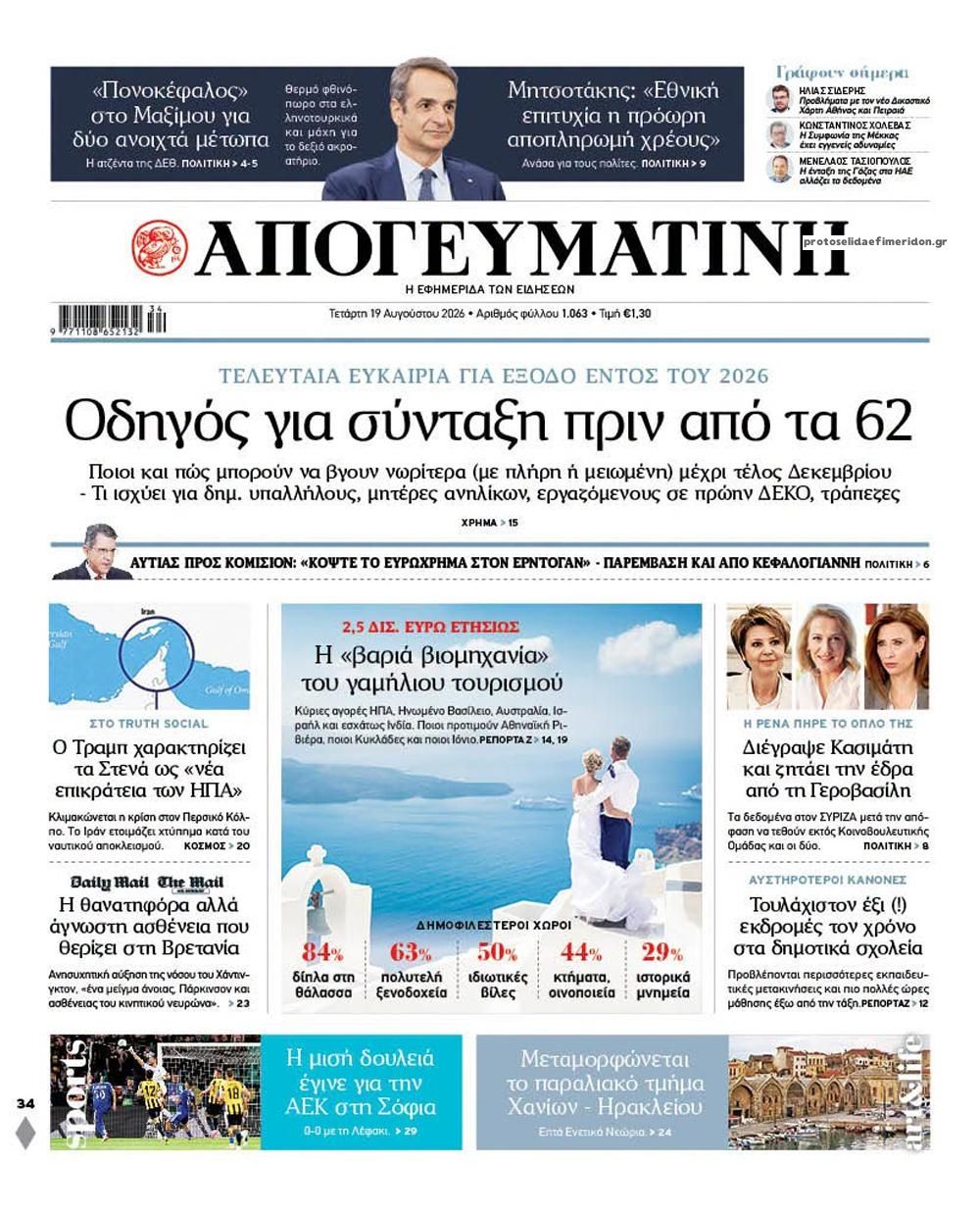 Πρωτοσέλιδο εφημερίδας Απογευματινή 21/08/2026
