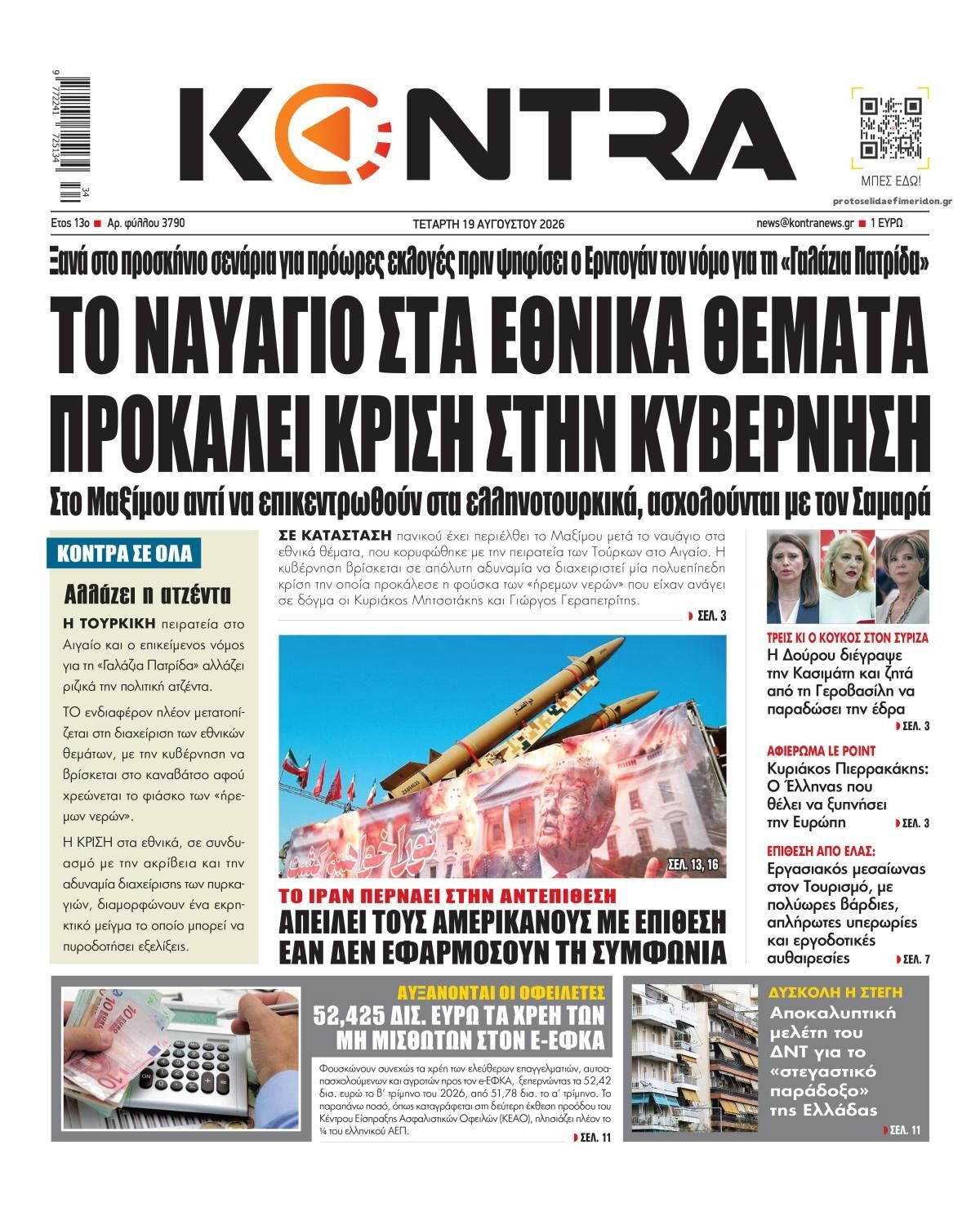 Πρωτοσέλιδο εφημερίδας Kontra News 21/08/2026