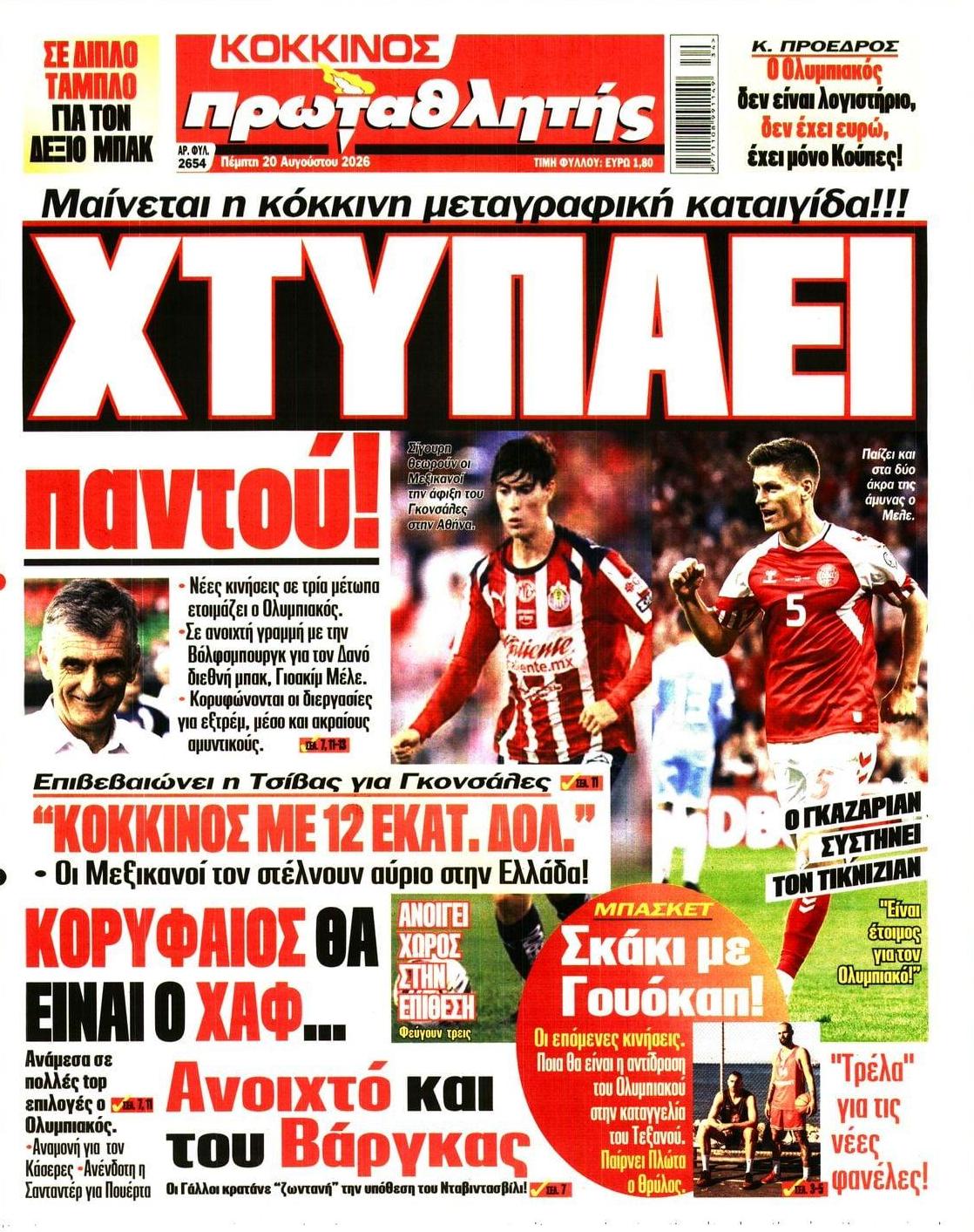 Πρωτοσέλιδο εφημερίδας Κόκκινος Πρωταθλητής 21/08/2026
