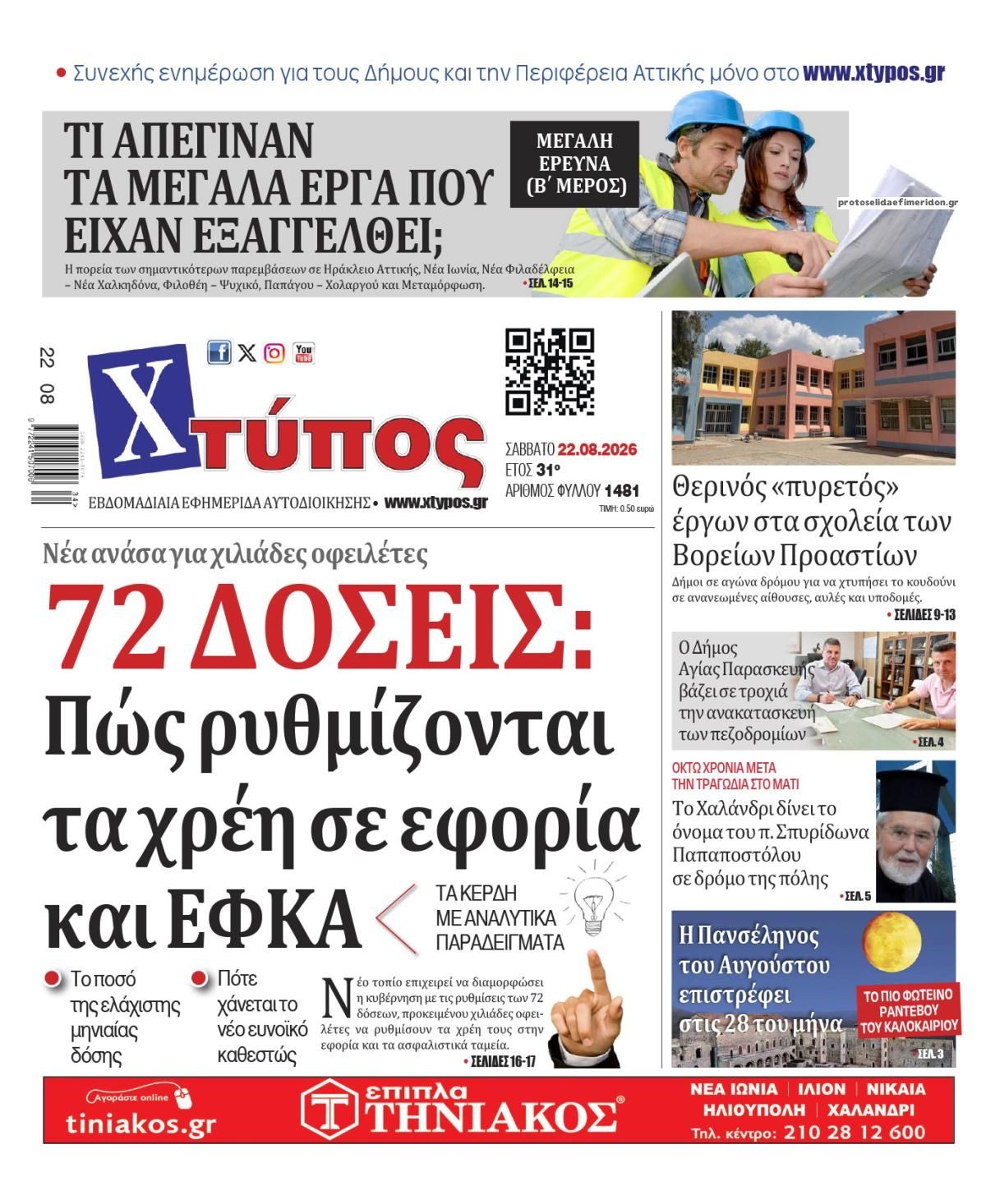 Πρωτοσέλιδο εφημερίδας Χτύπος 23/08/2026