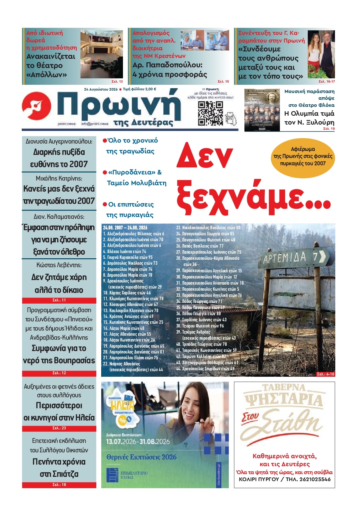 Πρωτοσέλιδο εφημερίδας Πρωινή Ηλείας 25/08/2026