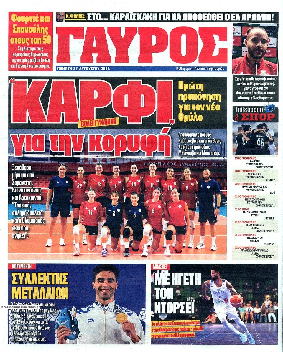 Οπισθόφυλλο εφημερίδας Κόκκινος Πρωταθλητής 29/08/2026