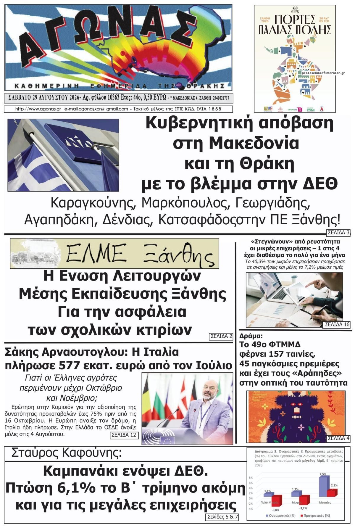 Πρωτοσέλιδο εφημερίδας Αγώνας Θράκης 30/08/2026