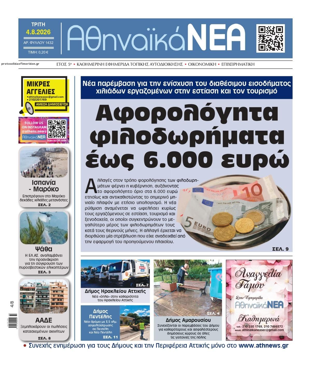 Πρωτοσέλιδο εφημερίδας Αθηναϊκά Νέα