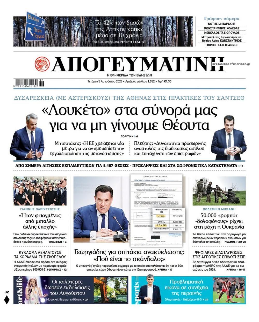 Πρωτοσέλιδο εφημερίδας Απογευματινή