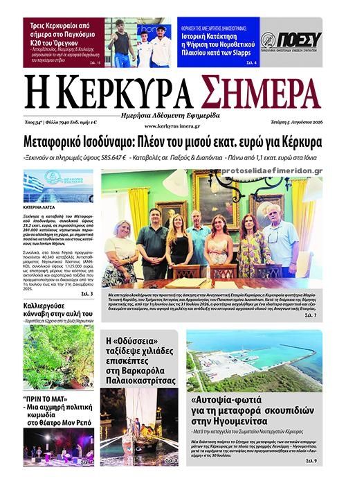 Πρωτοσέλιδο εφημερίδας Η Κέρκυρα Σήμερα