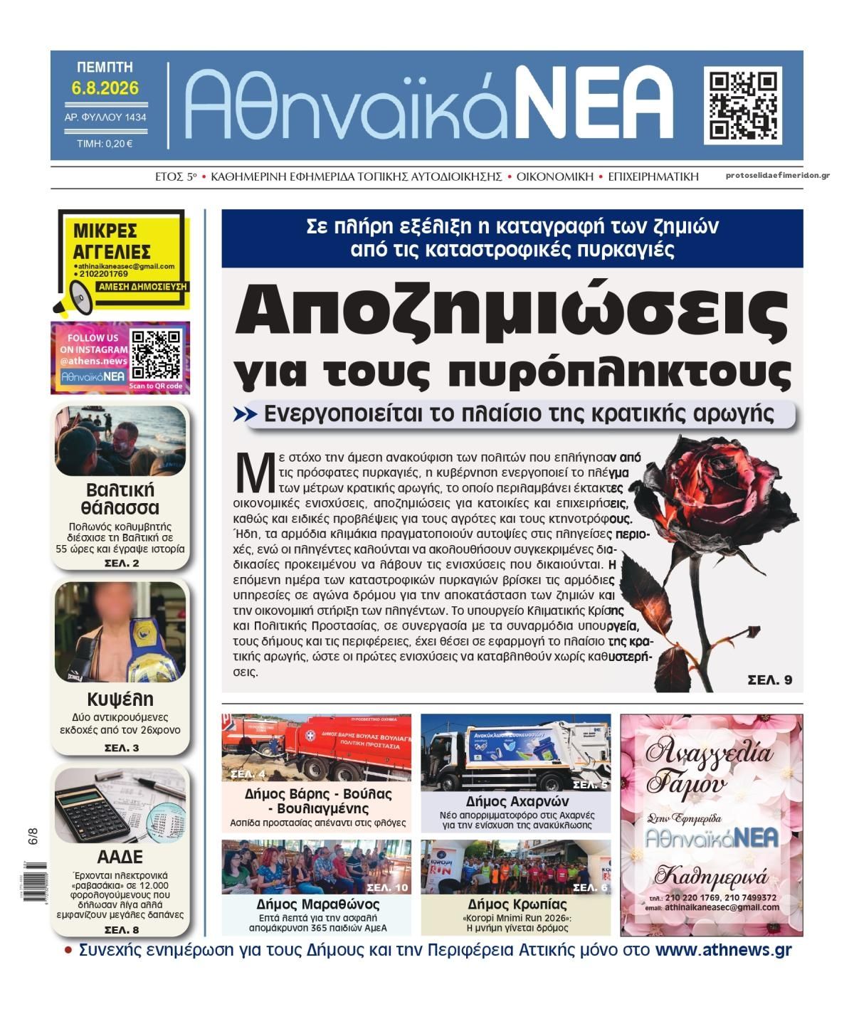 Πρωτοσέλιδο εφημερίδας Αθηναϊκά Νέα