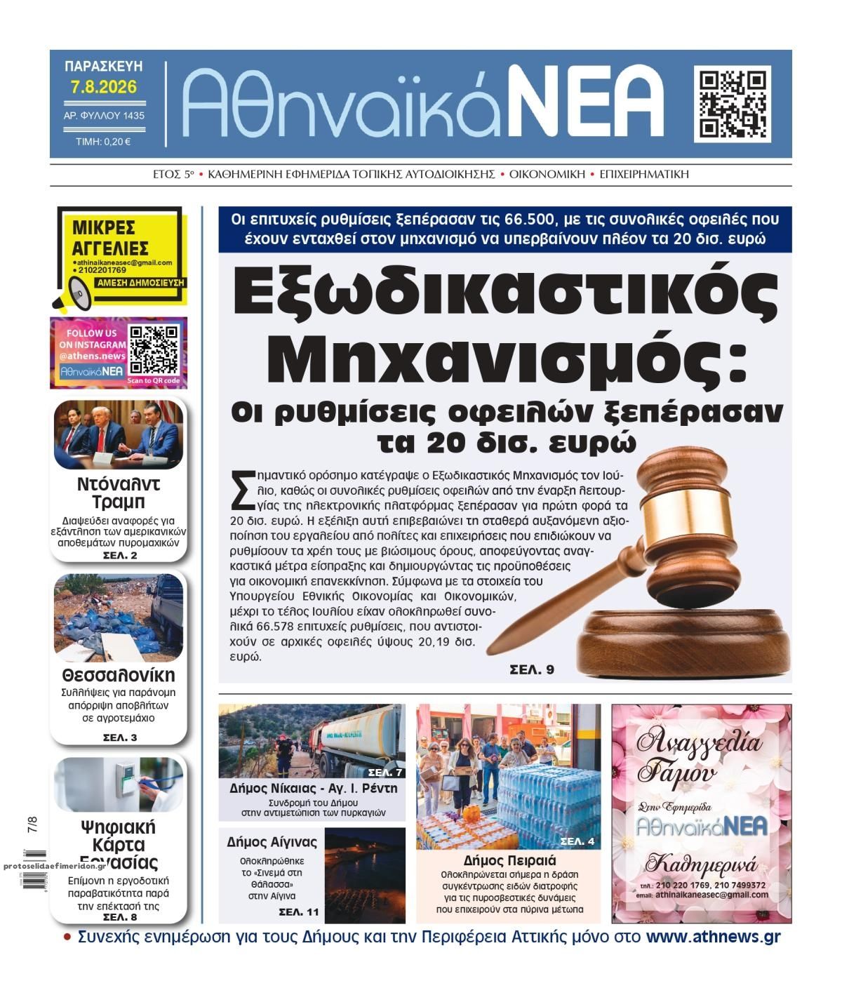 Πρωτοσέλιδο εφημερίδας Αθηναϊκά Νέα