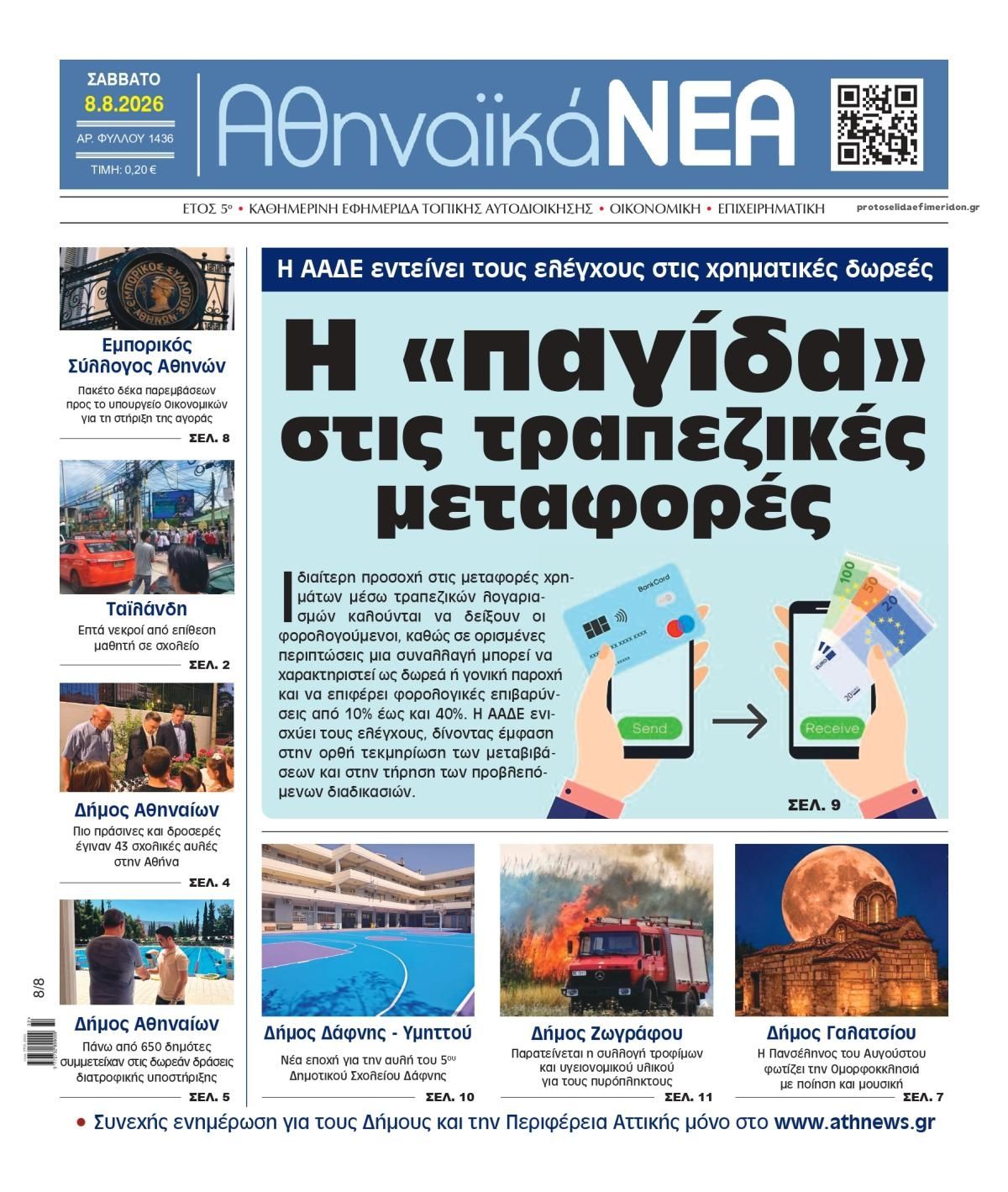 Πρωτοσέλιδο εφημερίδας Αθηναϊκά Νέα