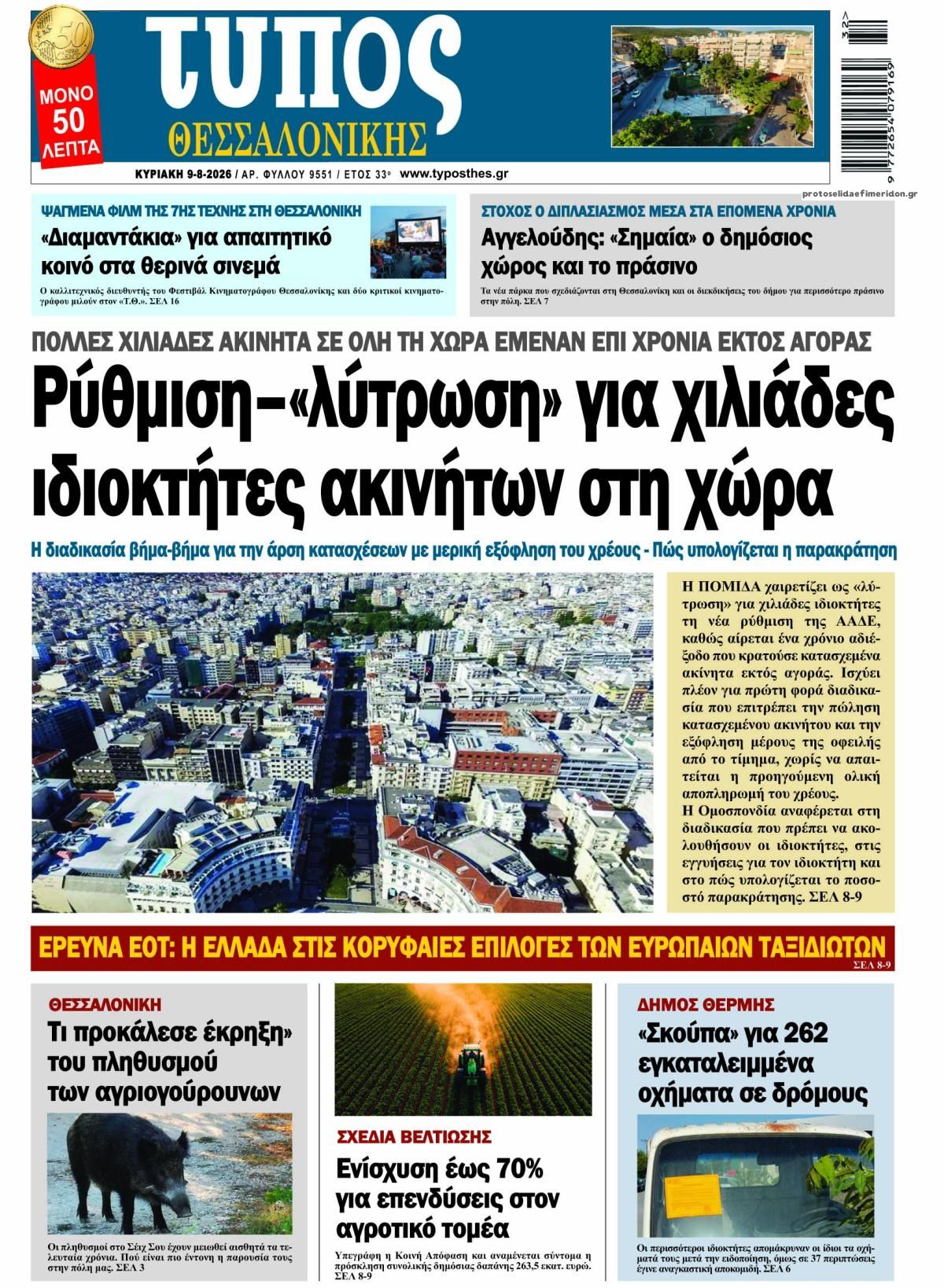 Πρωτοσέλιδο εφημερίδας Τύπος Θεσσαλονίκης