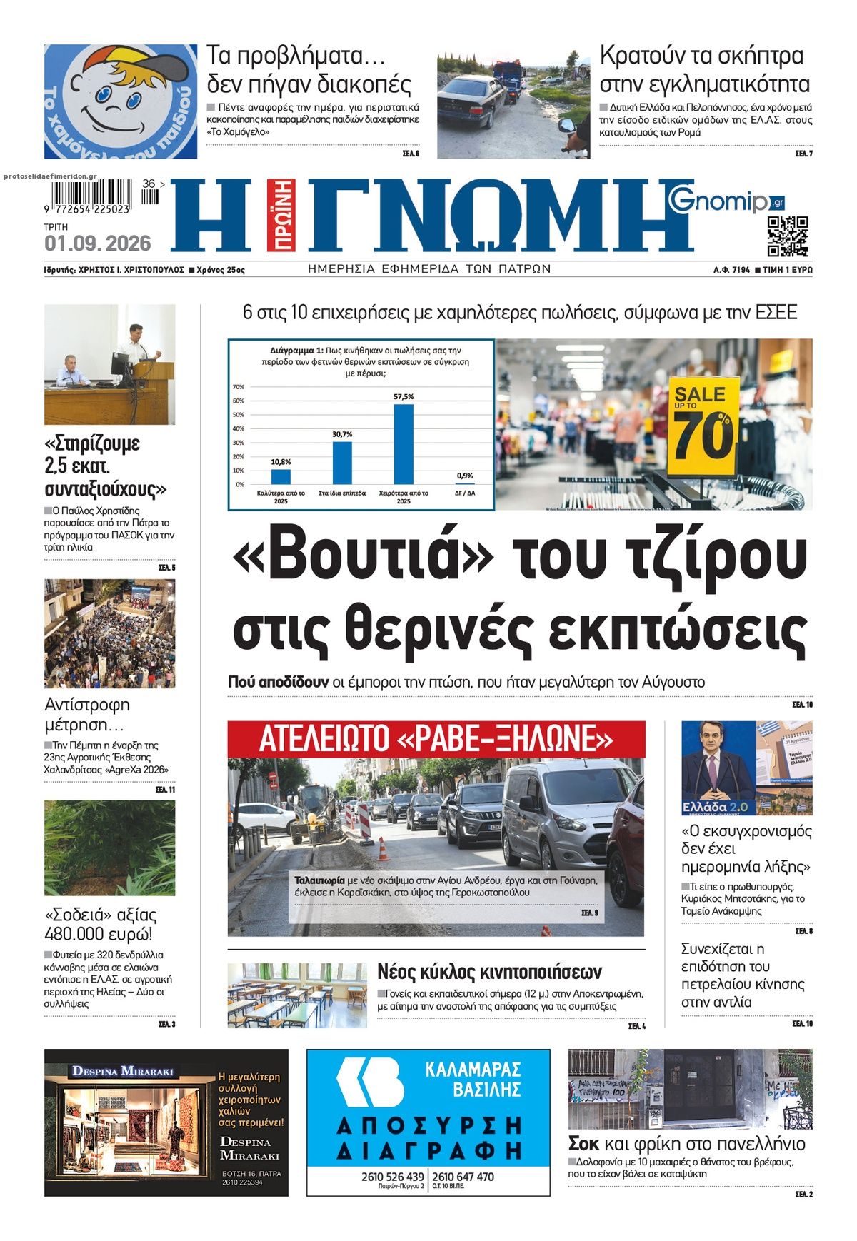 Πρωτοσέλιδο εφημερίδας Γνώμη της Πάτρας 03/09/2026