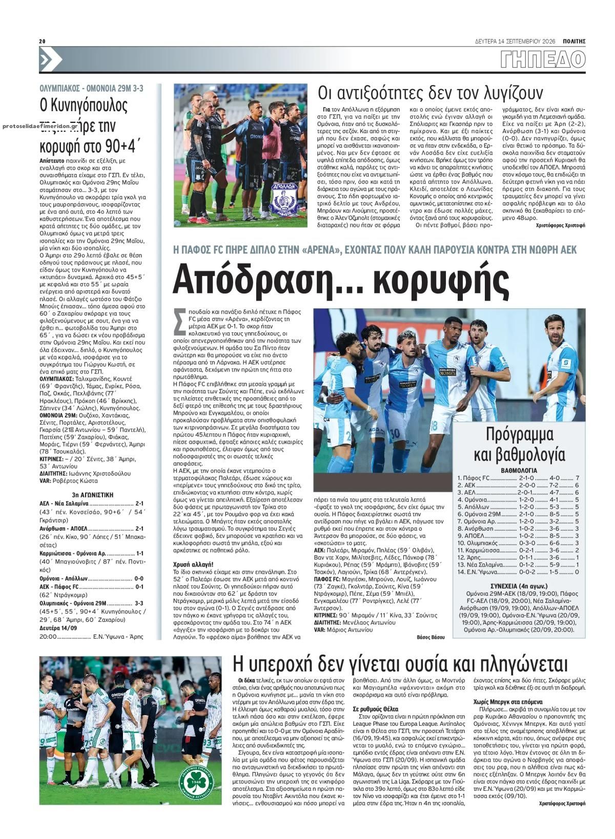 Οπισθόφυλλο εφημερίδας Πολίτης Κύπρου 15/09/2026