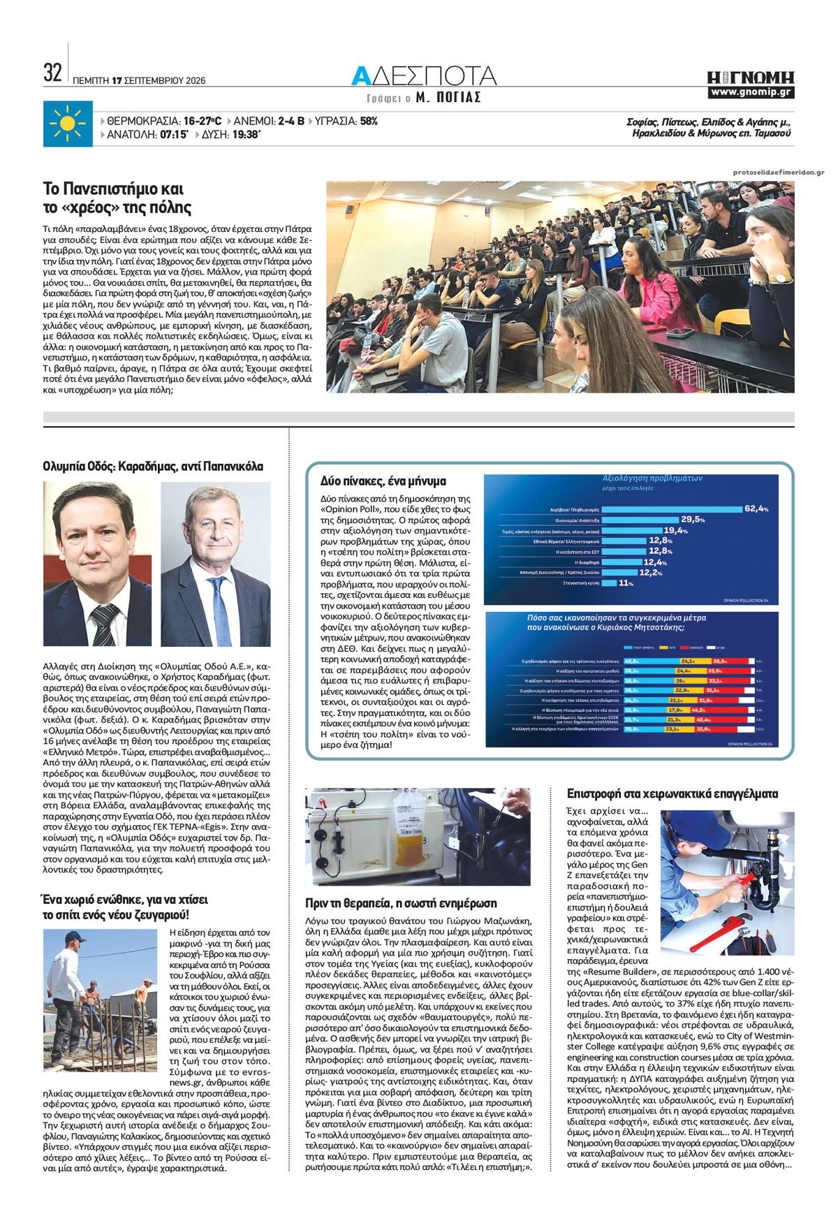 Οπισθόφυλλο εφημερίδας Γνώμη της Πάτρας 18/09/2026