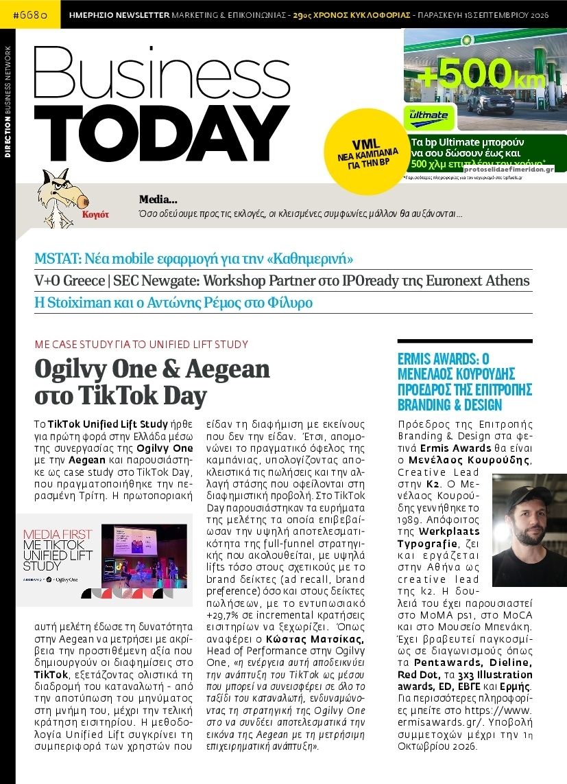 Πρωτοσέλιδο εφημερίδας Business Today 19/09/2026