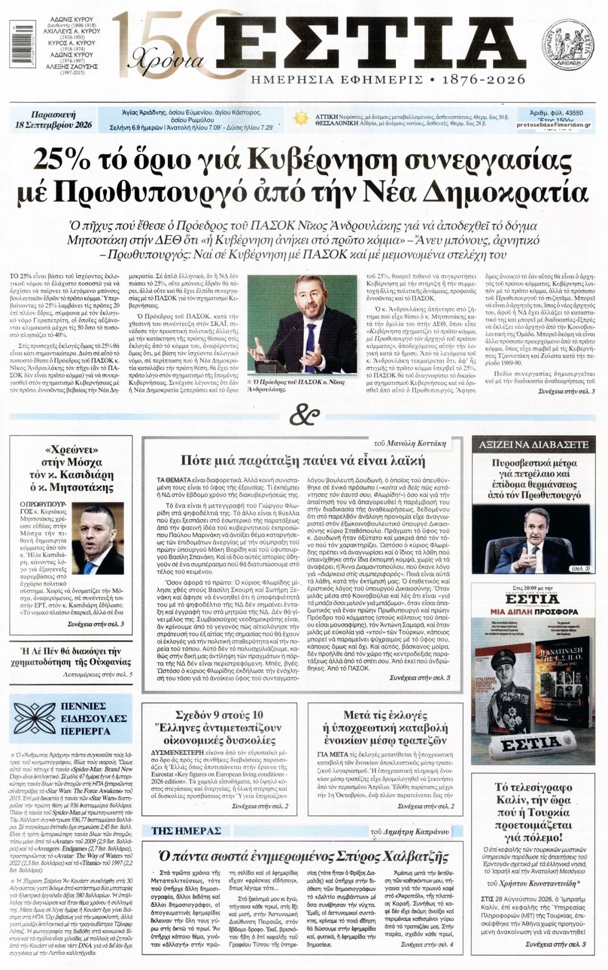 Πρωτοσέλιδο εφημερίδας Εστία 19/09/2026