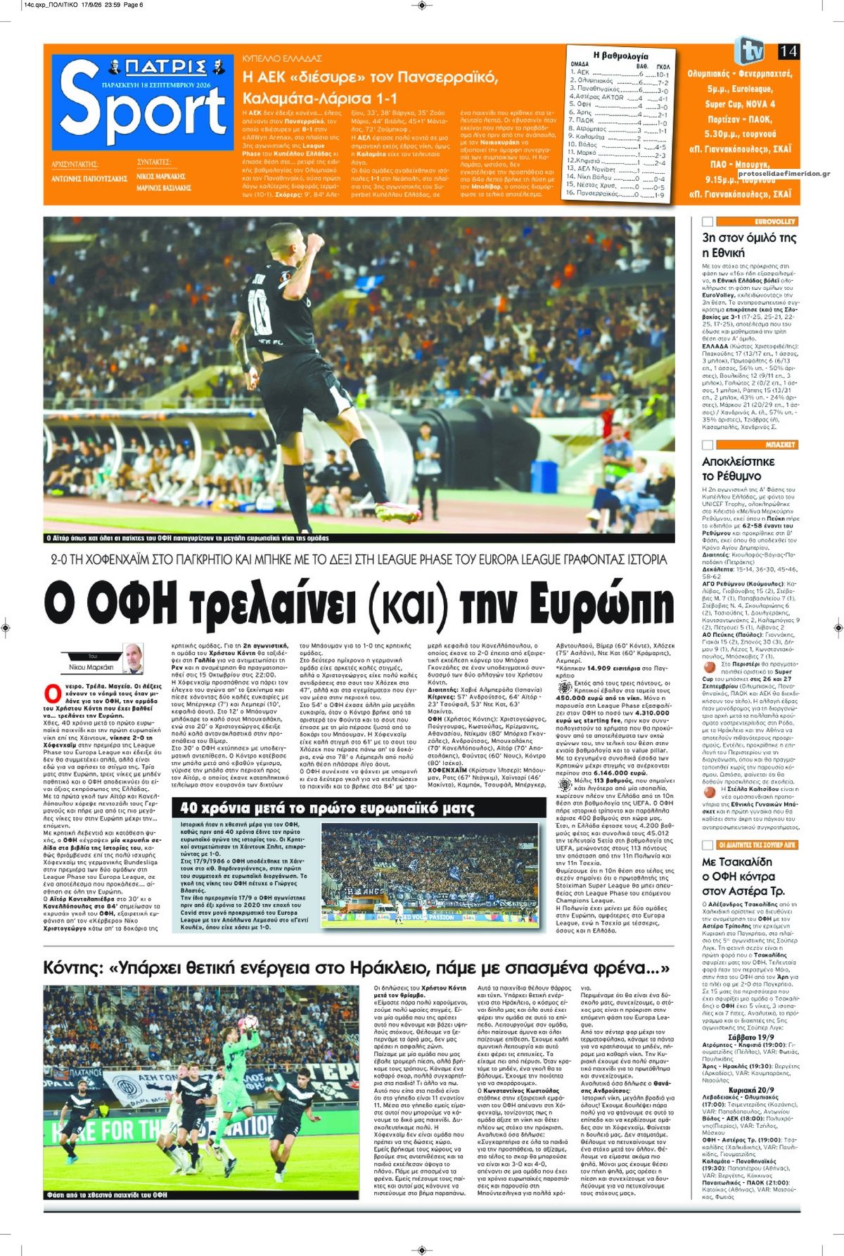 Πρωτοσέλιδο εφημερίδας Πατρίς Σπορ 19/09/2026