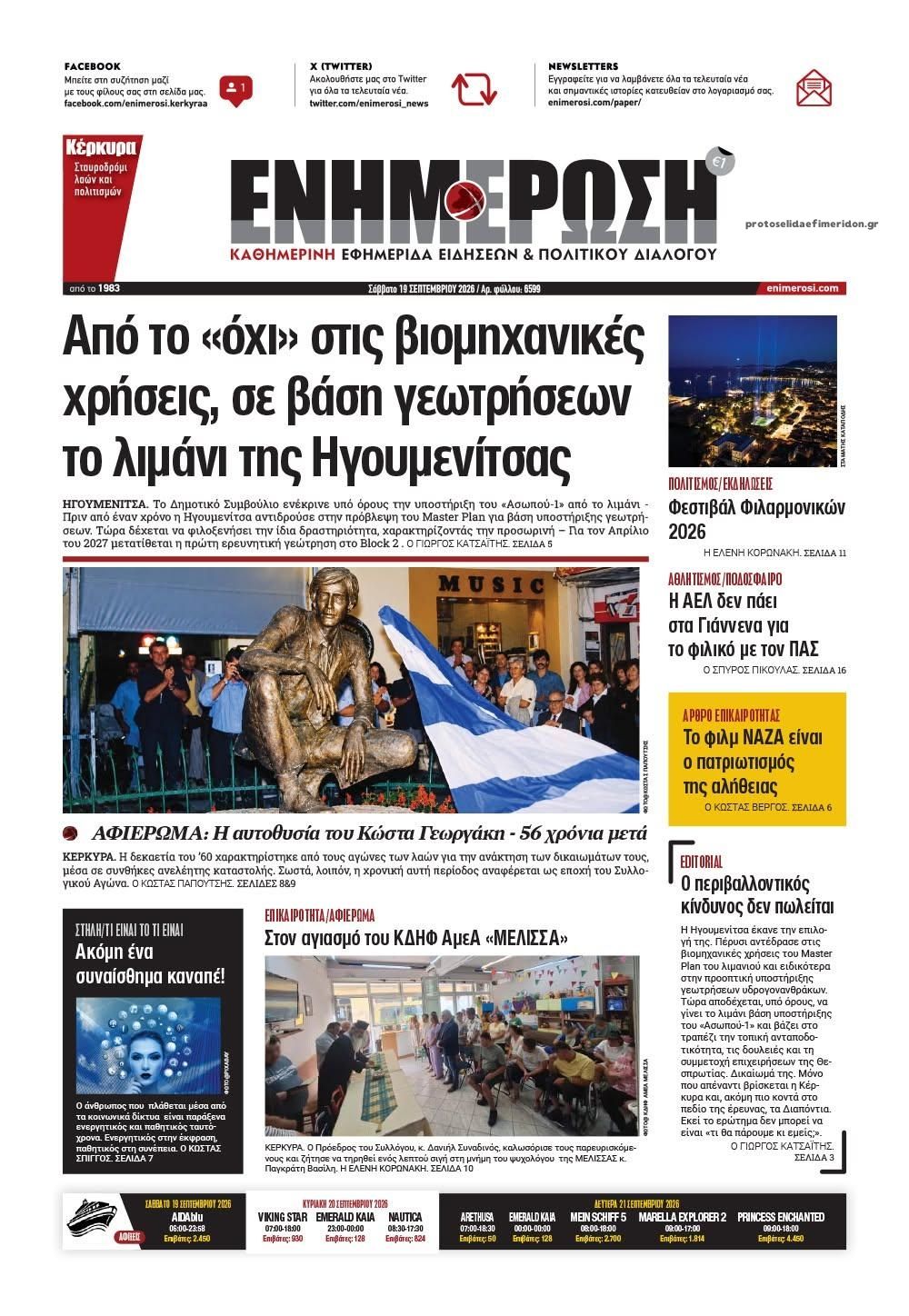 Πρωτοσέλιδο εφημερίδας Ενημέρωση Κέρκυρας 20/09/2026