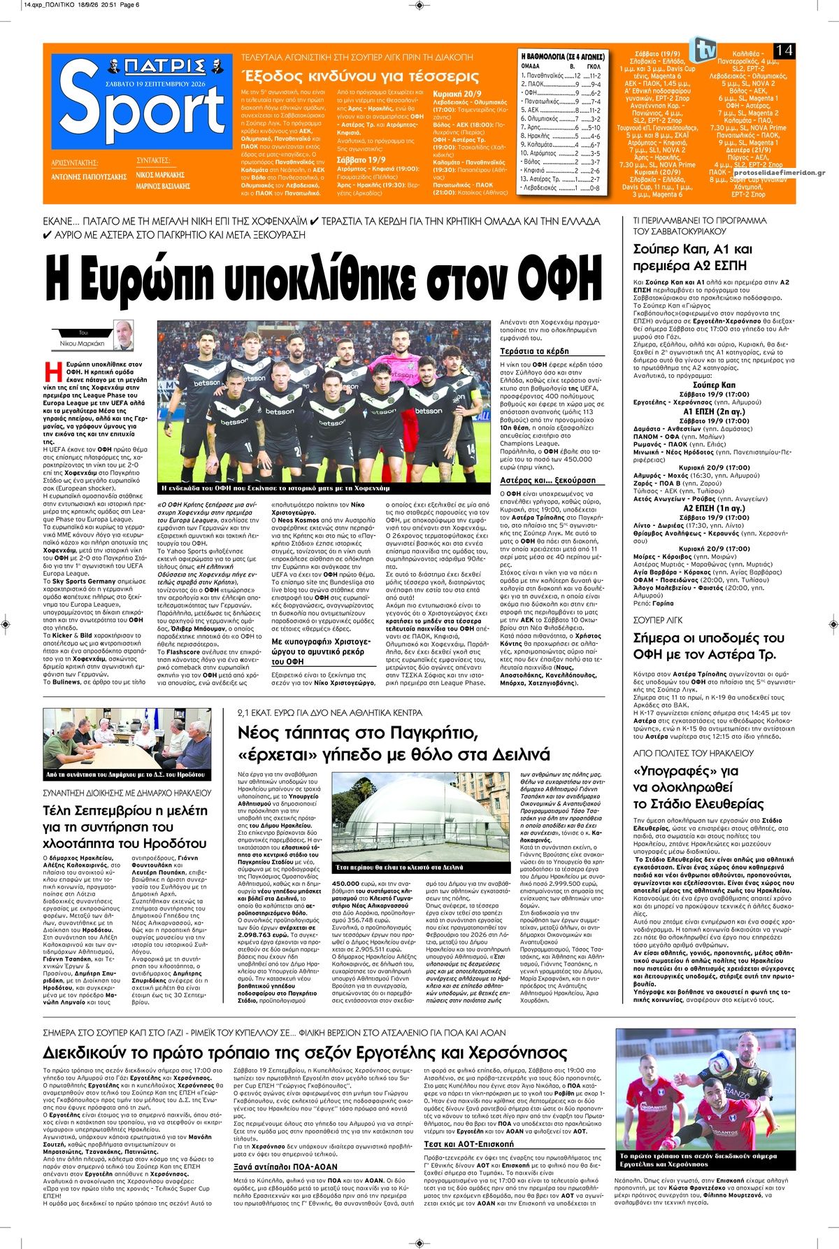 Πρωτοσέλιδο εφημερίδας Πατρίς Σπορ 19/09/2026