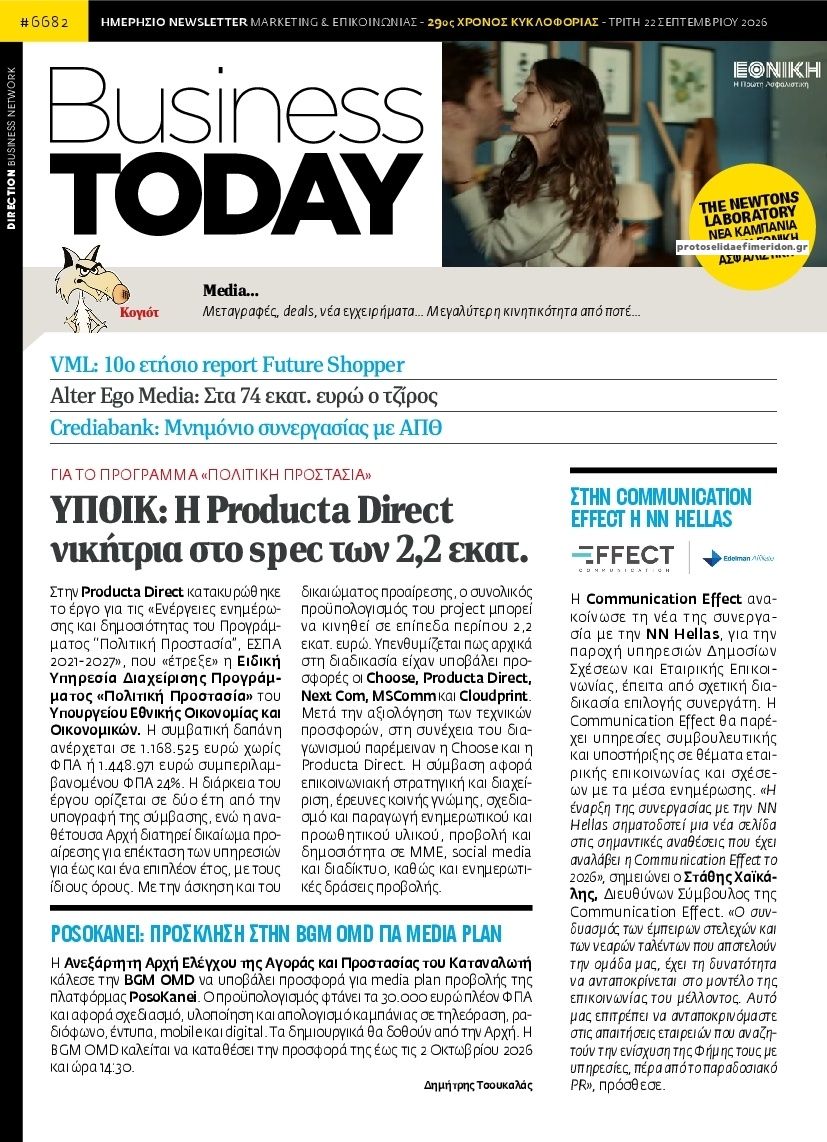 Πρωτοσέλιδο εφημερίδας Business Today 23/09/2026