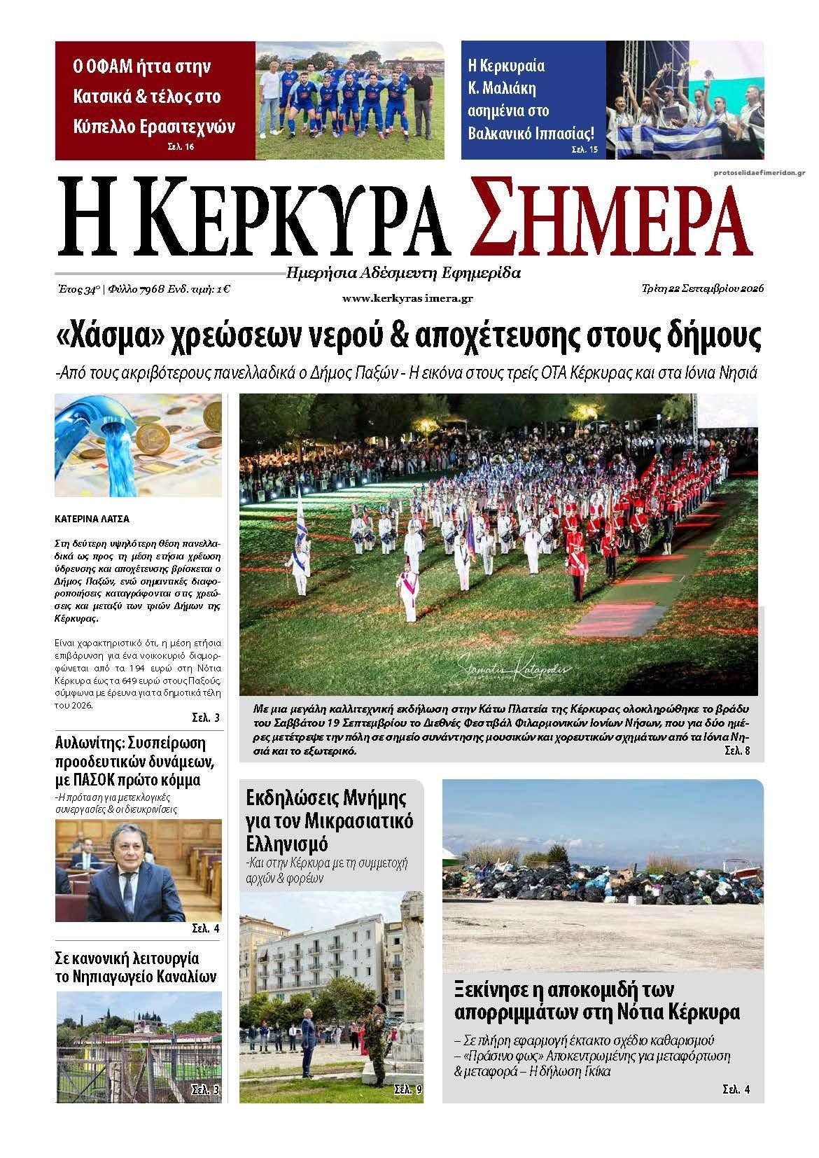 Πρωτοσέλιδο εφημερίδας Η Κέρκυρα Σήμερα 23/09/2026