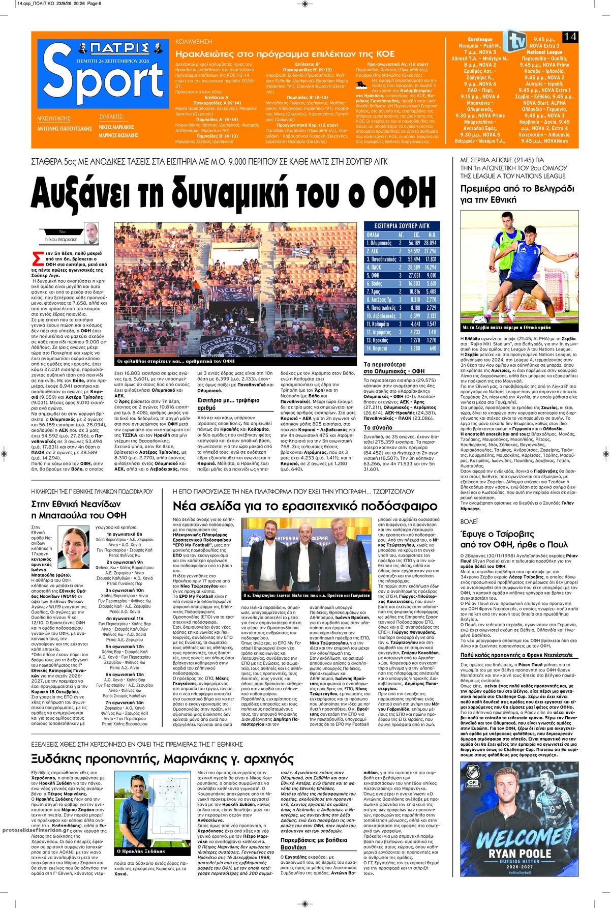Πρωτοσέλιδο εφημερίδας Πατρίς Σπορ 25/09/2026