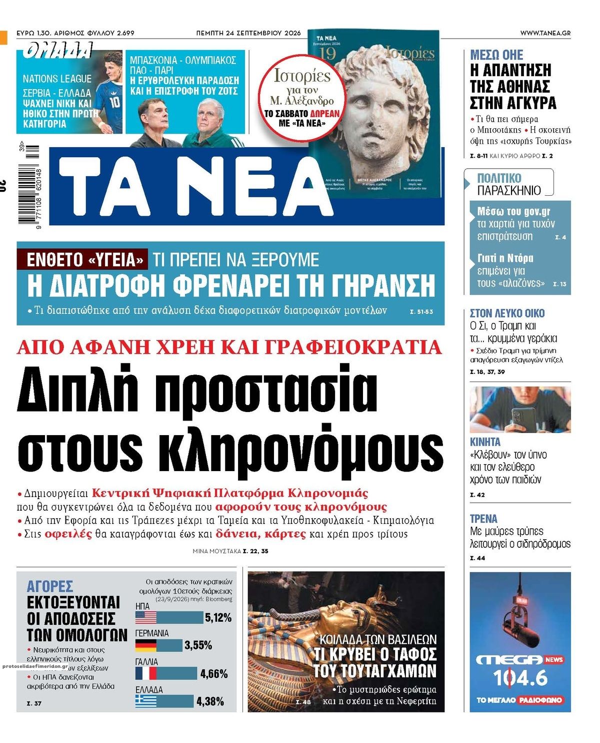 Πρωτοσέλιδο εφημερίδας Τα Νέα 25/09/2026