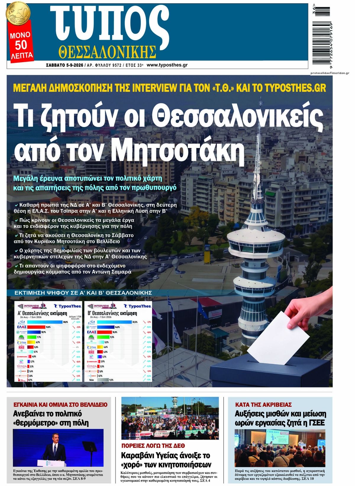 Πρωτοσέλιδο εφημερίδας Τύπος Θεσσαλονίκης 07/09/2026