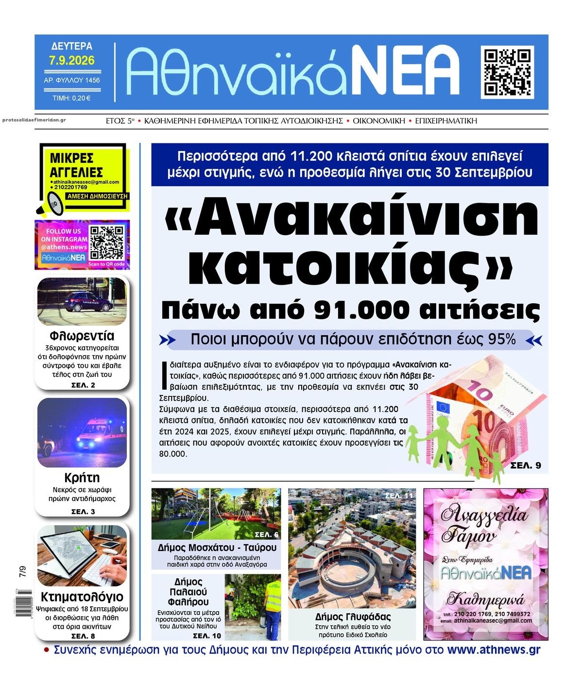 Πρωτοσέλιδο εφημερίδας Αθηναϊκά Νέα 09/09/2026