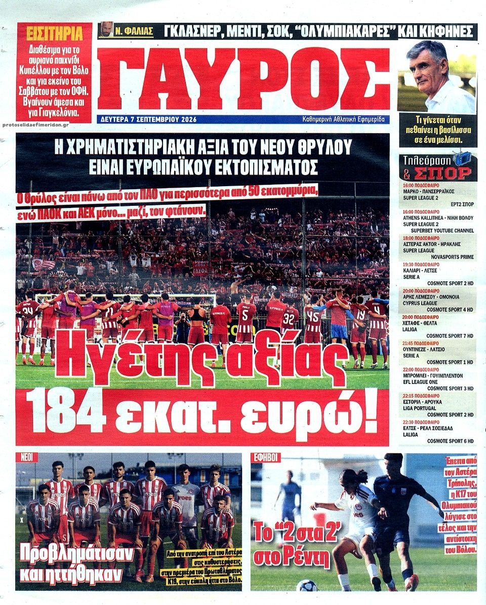 Οπισθόφυλλο εφημερίδας Κόκκινος Πρωταθλητής 08/09/2026