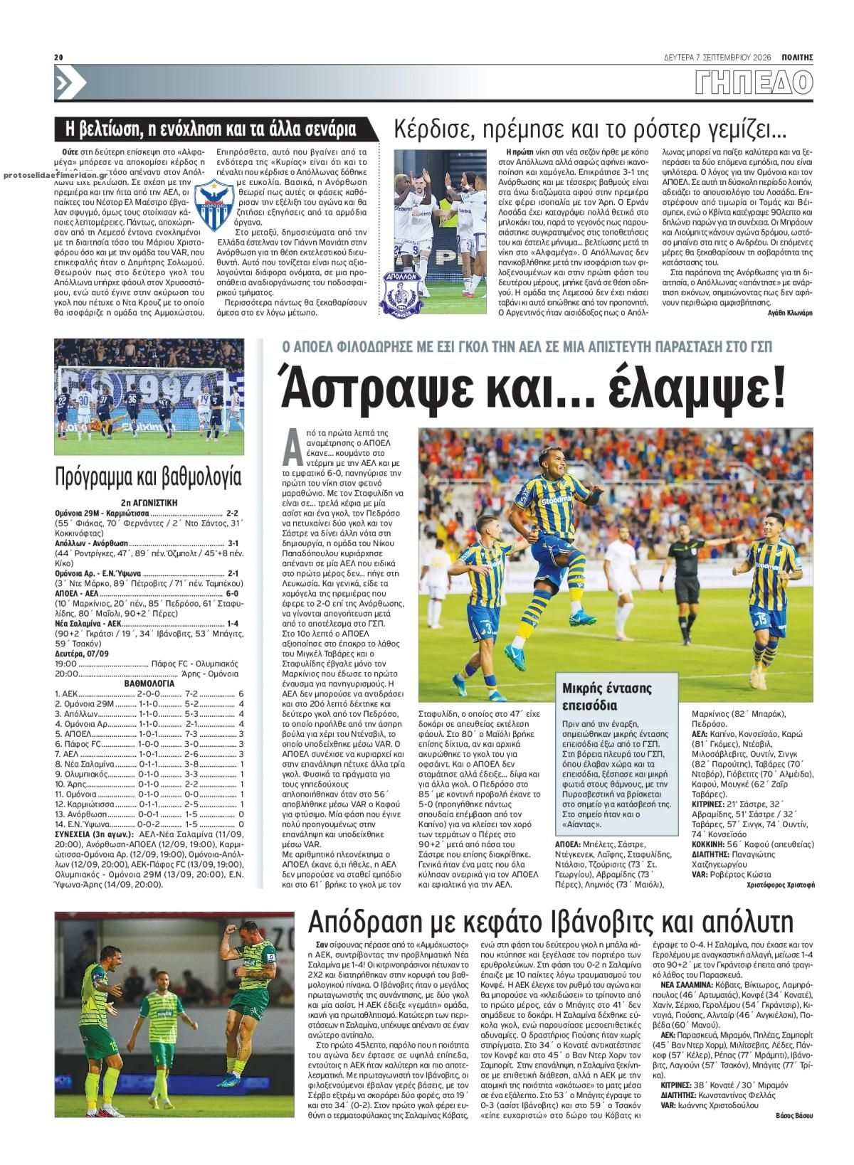 Οπισθόφυλλο εφημερίδας Πολίτης Κύπρου 08/09/2026