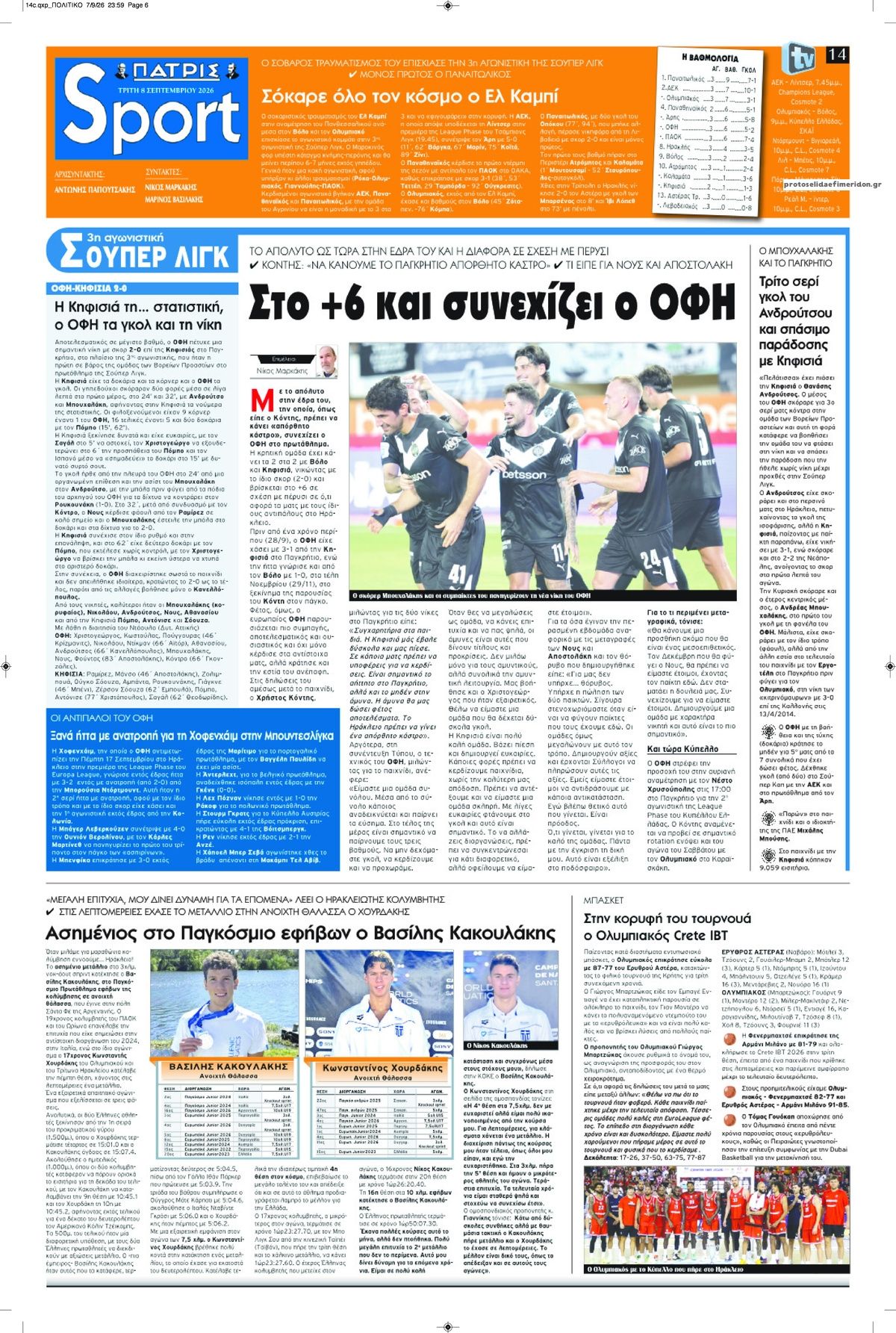 Πρωτοσέλιδο εφημερίδας Πατρίς Σπορ 09/09/2026