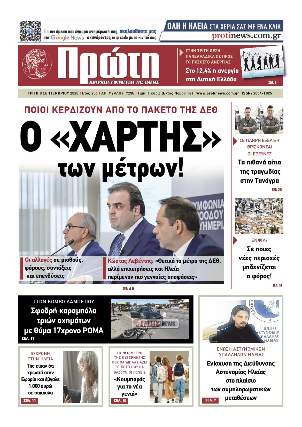Πρωτοσέλιδο εφημερίδας Πρώτη 09/09/2026