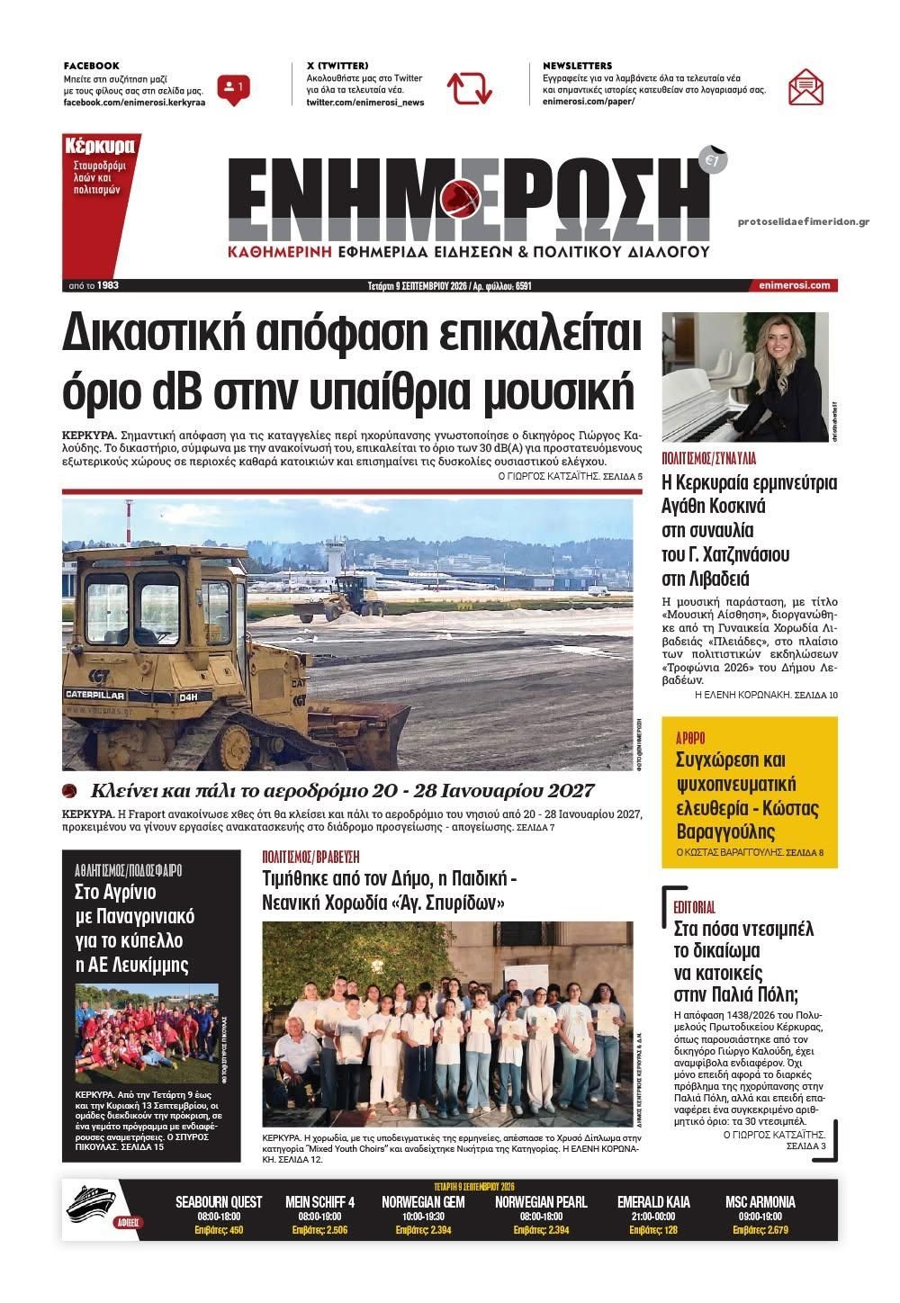 Πρωτοσέλιδο εφημερίδας Ενημέρωση Κέρκυρας 08/09/2026