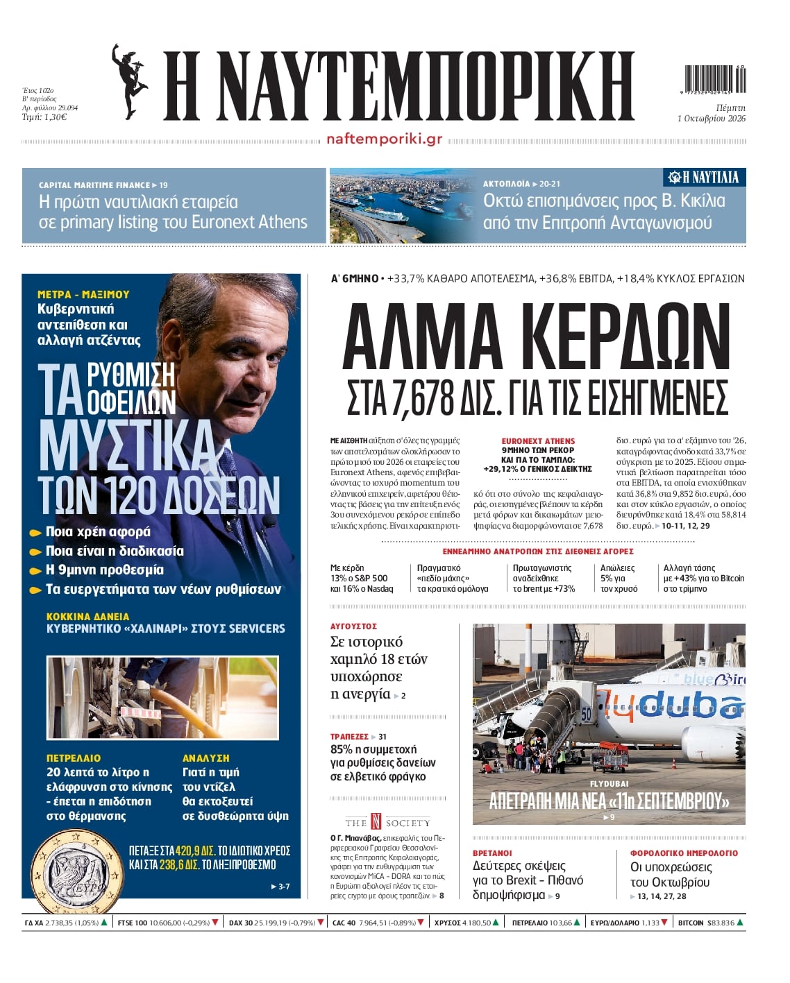Πρωτοσέλιδο εφημερίδας Ναυτεμπορική 02/10/2026