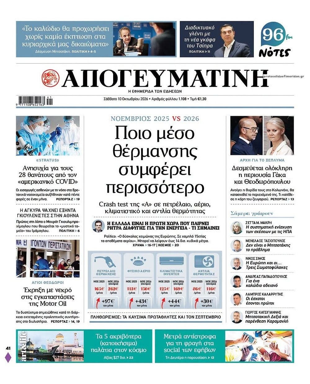 Πρωτοσέλιδο εφημερίδας Απογευματινή 14/10/2026