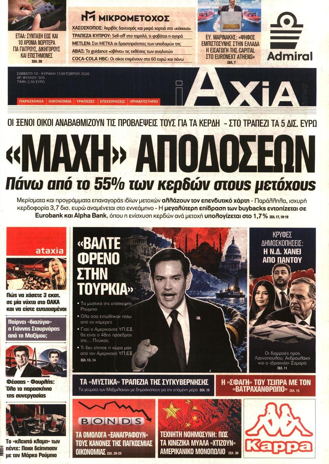 Πρωτοσέλιδο εφημερίδας Αξία News 14/10/2026