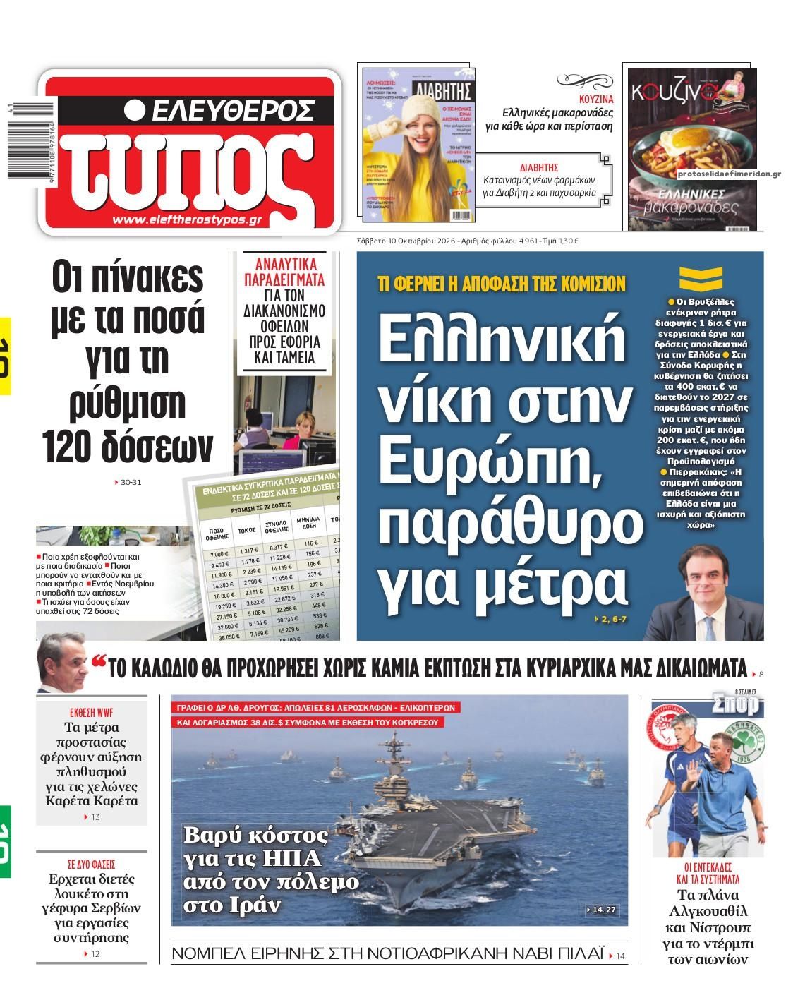 Πρωτοσέλιδο εφημερίδας Ελεύθερος Τύπος 14/10/2026