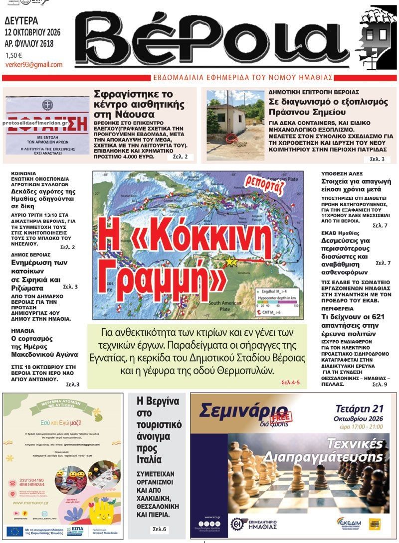 Πρωτοσέλιδο εφημερίδας Βέροια 14/10/2026