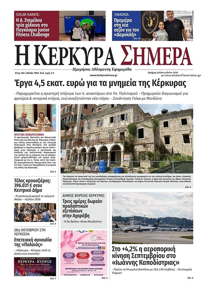 Πρωτοσέλιδο εφημερίδας Η Κέρκυρα Σήμερα 15/10/2026