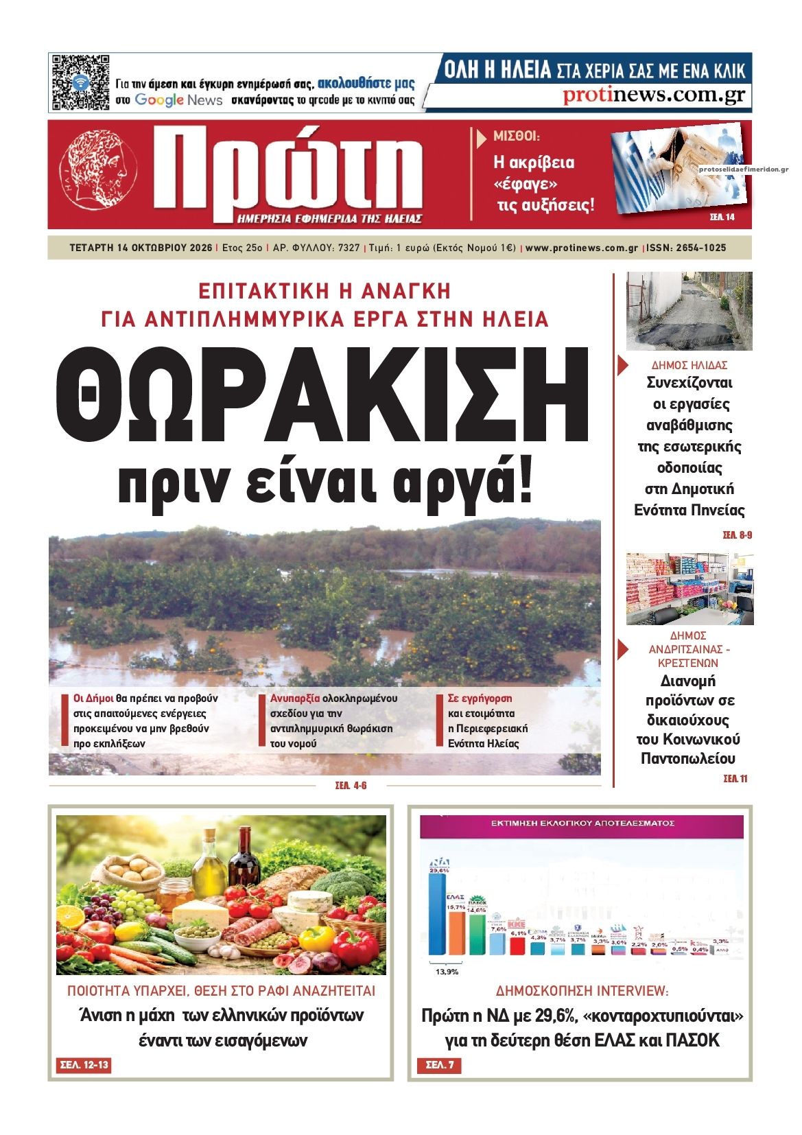 Πρωτοσέλιδο εφημερίδας Πρώτη 15/10/2026