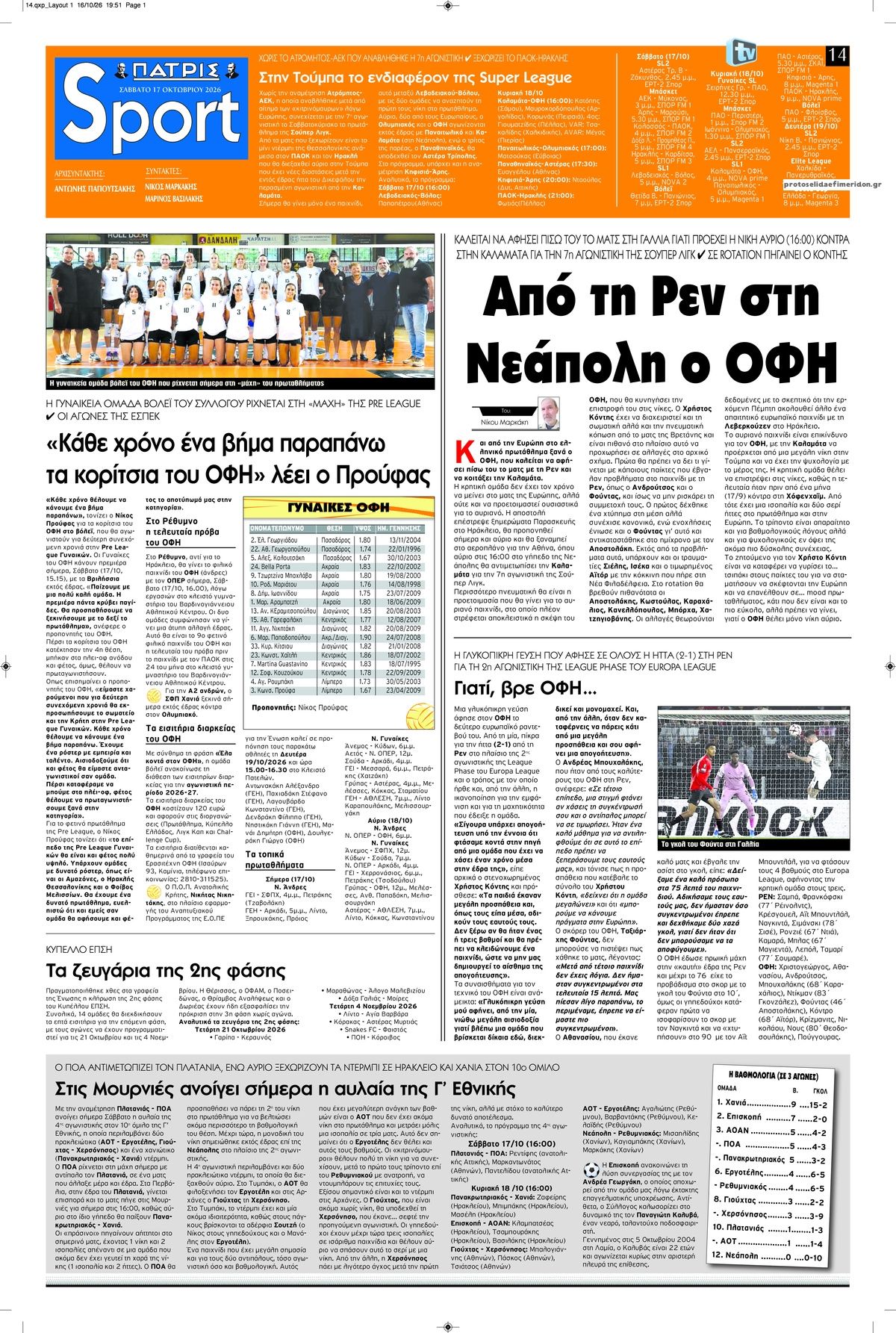 Πρωτοσέλιδο εφημερίδας Πατρίς Σπορ 23/10/2026