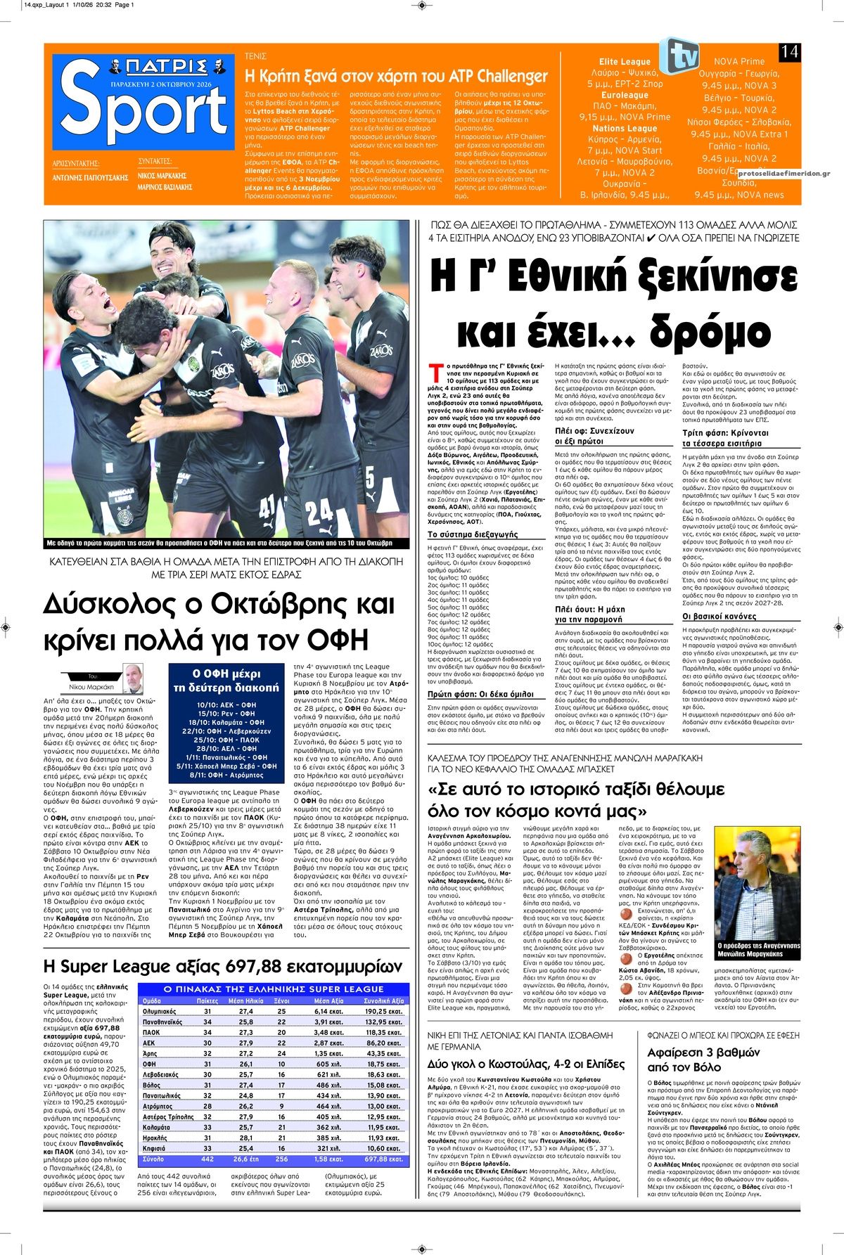 Πρωτοσέλιδο εφημερίδας Πατρίς Σπορ 03/10/2026