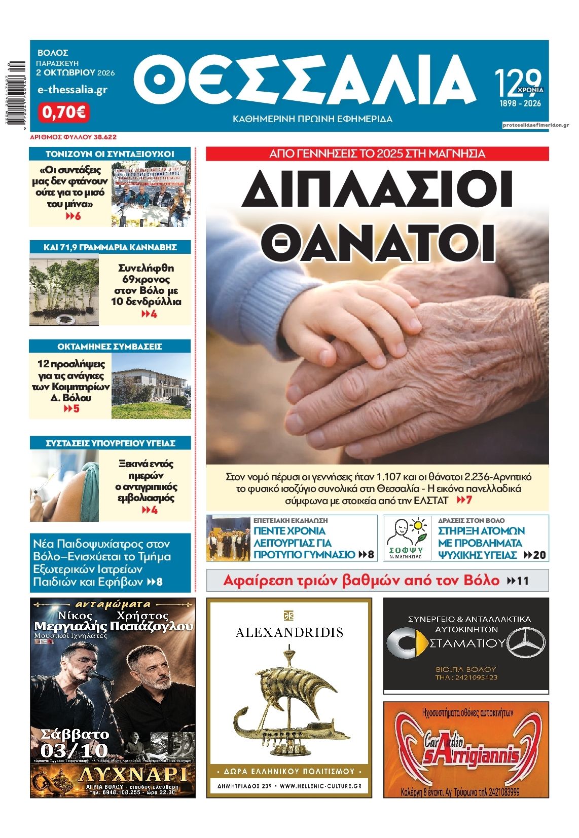 Πρωτοσέλιδο εφημερίδας Θεσσαλία 03/10/2026