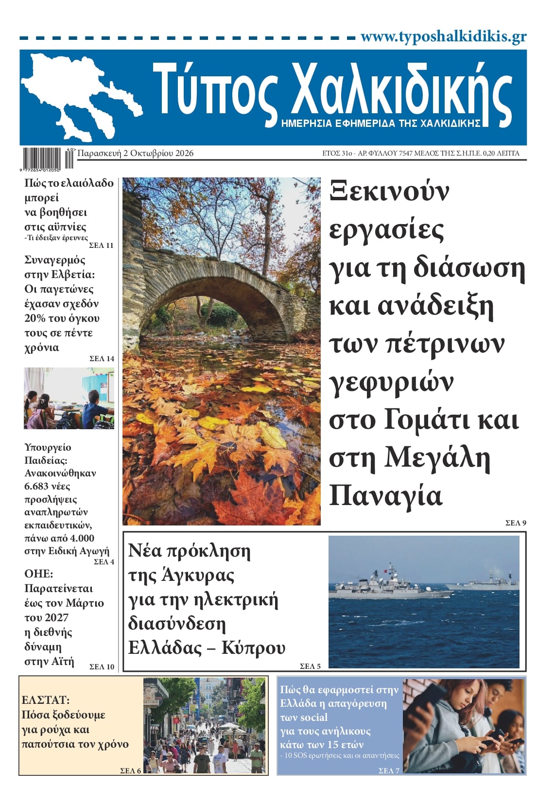 Πρωτοσέλιδο εφημερίδας Τύπος Χαλκιδικής 03/10/2026