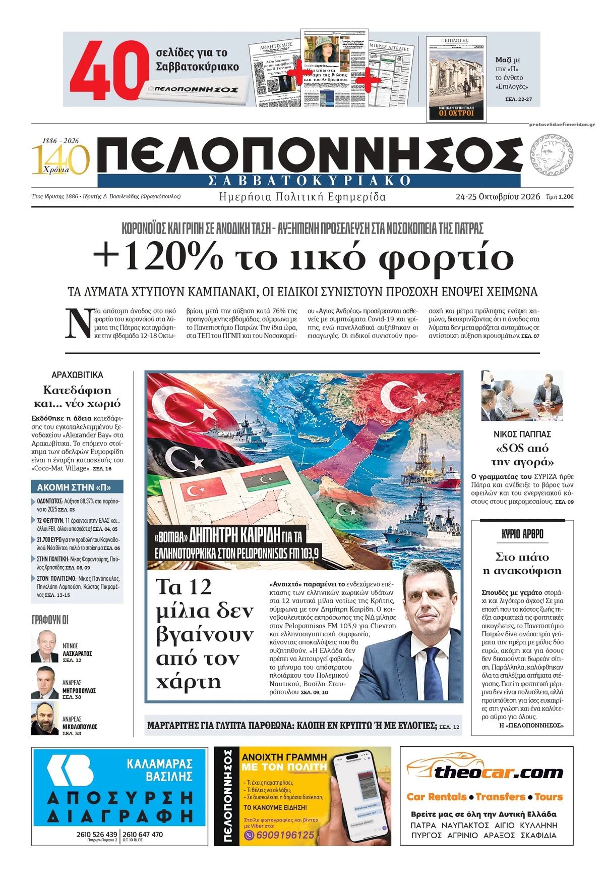 Πρωτοσέλιδο εφημερίδας Πελοπόννησος 25/10/2026